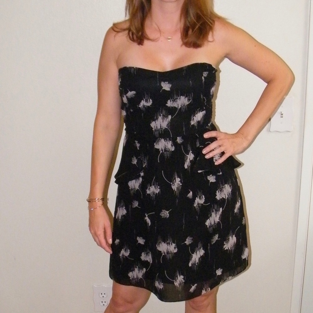 Strapless black dress.